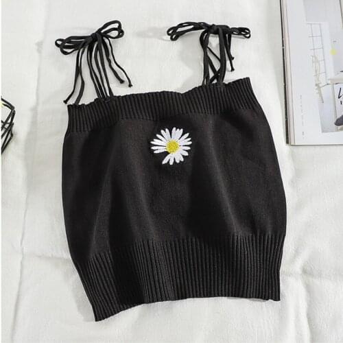 Women Summer Knitted Top Women Flower Embroidery Straps Sweet Top Women Harajuku Cute Crop Tops For Women Summer