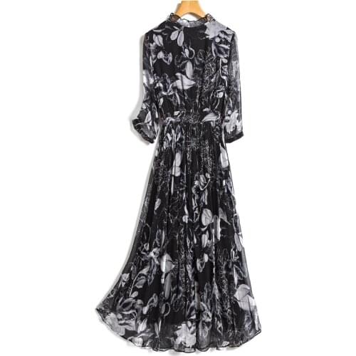 Standing collar silk Georgette flowered dress temperament-waist silk dress