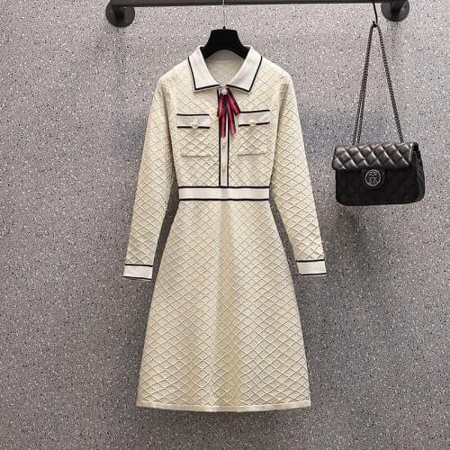 JSXDHK S-4XL Plus Size Autumn Turn Down Collar Sweater Dress Womens Beaded Bownot Decoration Knitted Bright Silk Plaid Dresses
