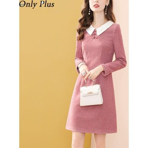 Only Plus Aautumn And Winter 2021 New Temperament Peter Pan Collar Sweet Thin Pink Long-Sleeved Woolen Dress Female Mid-length