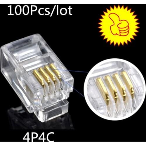 100Pcs/lot RJ11 4P4C New Crystal Head Modular Plug Gold Plated Network Connector Wholesale