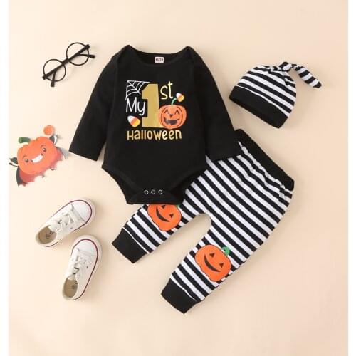 Newborn Baby Boys Girls Clothes Outfits Suit Holloween Cotton Long Sleeve Romper Tops Pants Hats 3Pcs Casual Kids Clothing Sets