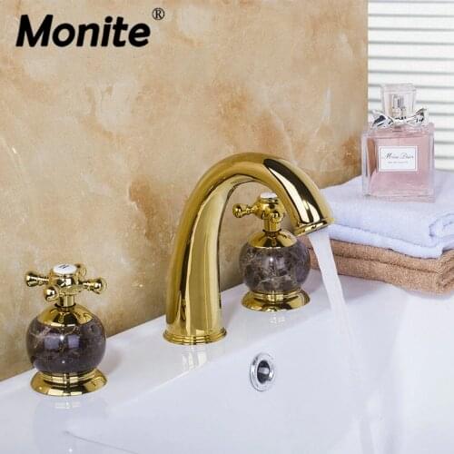 Gold Polish 3PCS Set Bathtub Golden Plated Bathroom Faucet European Split Basin Mixer Tap Jade Faucet Body Cross Handles