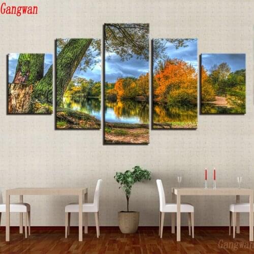 Full Square Round Diamond Embroidery Tree Lake Forest Landscape 3D picture diamond painting Cross Stitch mosaic 5 pcs decoration