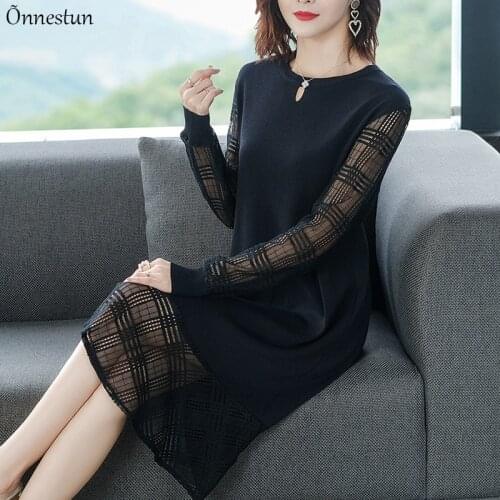 Hollow Long Sleeve Dress 2021 Lace Patchwork Dresses For Women Black Knitting Pullover Casual Loose Women Dresses