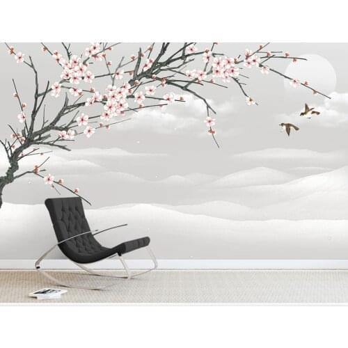 XUE SU Wall cloth custom large wallpaper new Chinese plum blossom landscape pen and flower background wall