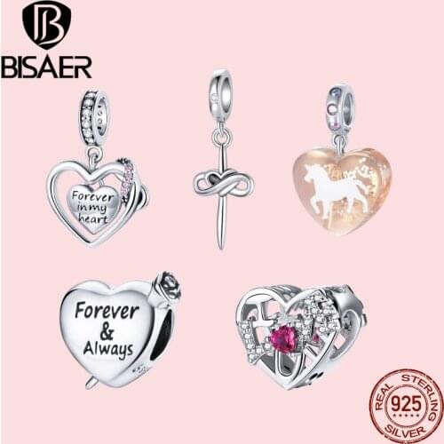 BISAER Heart shape Clear CZ 925 Sterling Silver Love Heart beads Fit Original Reflexions Bracelet Charms Jewelry Making EFC479