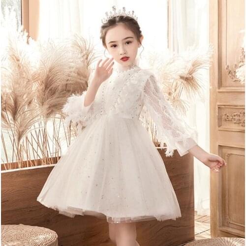 Elegant White Lace Flower Girl Dresses Wedding Party Gown Long Sleeve Girls Pageant Princess Birthday Dress First Communion Gown
