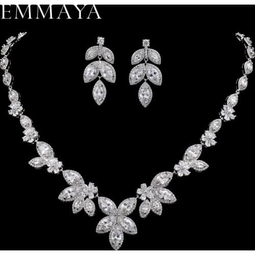 EMMAYA Silver-color Crystal Bridal Jewelry Sets Leaf Shape Choker Necklace Earrings Wedding Jewelry for Women