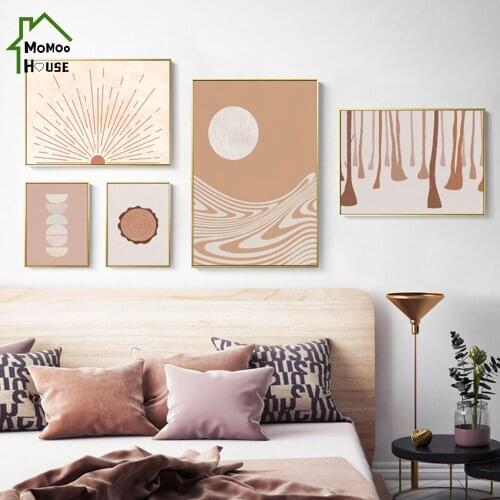 Nordic Geometric Landscape Wall Art Poster Forest Ocean Sunrise Sunshine Decorative Canvas Painting for Living Room Home Decor