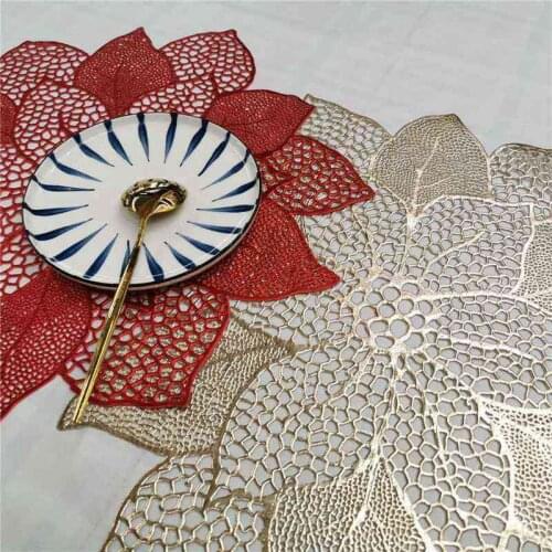 Holaroom Lotus Flower PVC Bronzing Hollow Placemat Western Food Cushion Table Decoration Mat For Restaurant Kitchen Antislip Pad