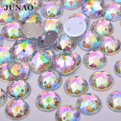 JUNAO 6 8 10 12 16 20 30 mm Round Sewing Crystal AB Rhinestones Sew On Flatback Acrylic Strass Stones For Clothes Decoration