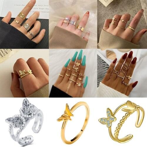 Retro Cute Sweet Butterfly Ring Set Women Fashion Boho Shiny Water Brick Romantic Geometric Rings Girl Wedding Birthday Jewelry
