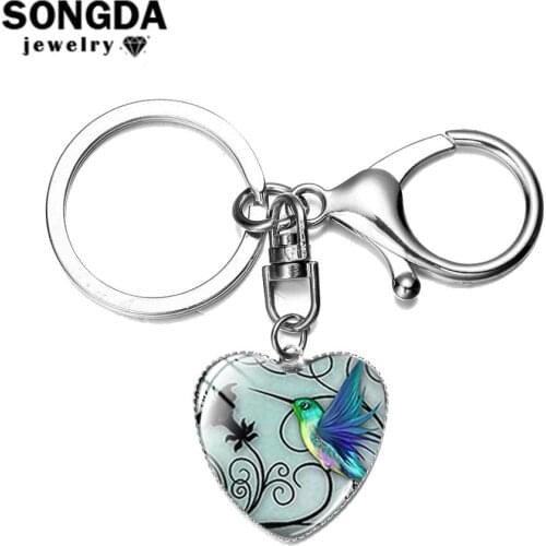 Fashion Blue Hummingbird Charm Keychain Handmade Glass Art Photo Heart Key Chain Animal Key Ring Holder Trinket Idea Gift