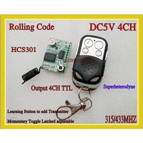 Rolling code Receiver Module+Transmitter RF Wireless Remote Control super-heterodyne DC3-5V Learning code 4Channel Output TTL