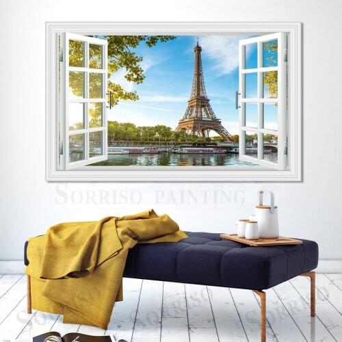 Eiffel Tower Lake Scenery Wall Art 3D Imitation Window Design Canvas Painting Posters Pictures Prints Home Living Room Decor