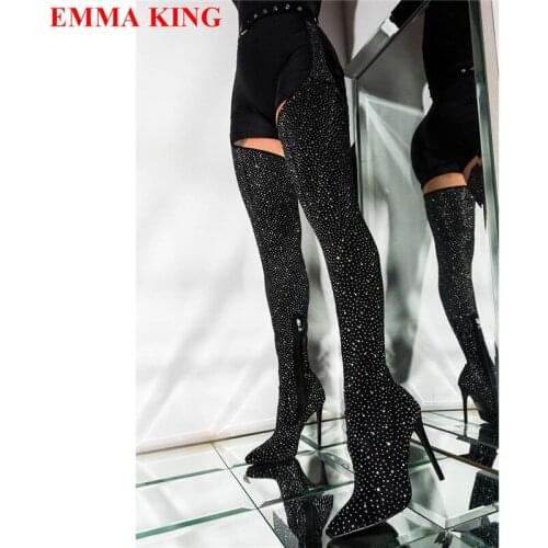 Sexy Ladies Rhinestone Black Crotch Thigh High Boots Waist Belt Pointed Toe Oveknee Long Boots Women High Heel Party Shoes Woman