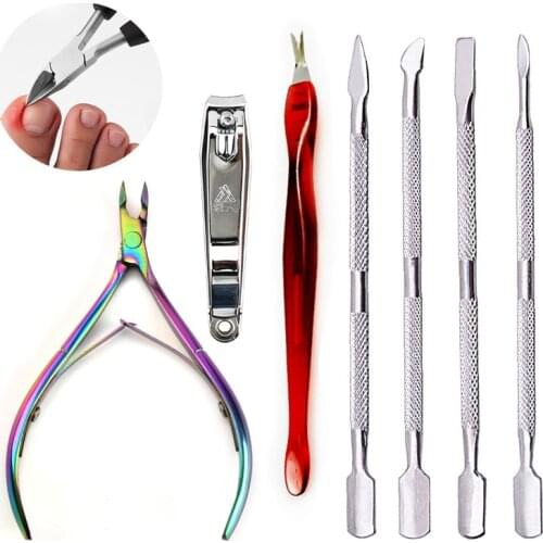 Stainless Steel Nail Cuticle Pusher Tweezer Scissors Plier Peeling Push Dead Skin Remover Tool Manicure Groove Care Clean Tools