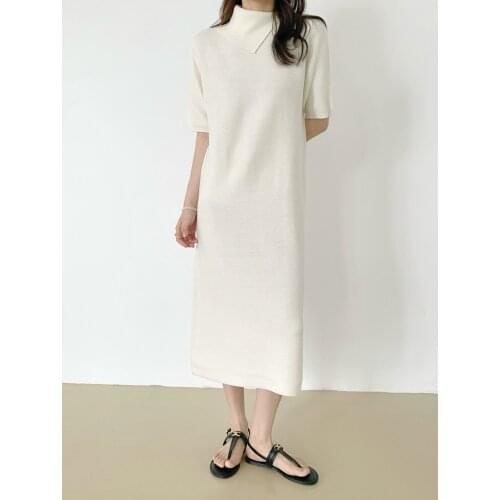 Wool Knitted French Retro Oblique Lapel Half Sleeve Dress Autumn And Winter new Women long Wool skirt lady one-piece Air angle