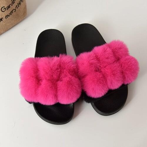 2021 New Woman Slippers Summer Fashion Faux Fur Slides for Womens Fluffy Slippers House Female Shoes with Pom Pon Furry Slides