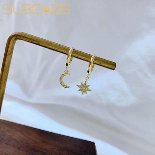 Subeads 925 Sterling Silver Koreans Non-symmetrical Star Moon Ear Clip Earrings For Women Girls Ear Bone Clip Drop Earrings