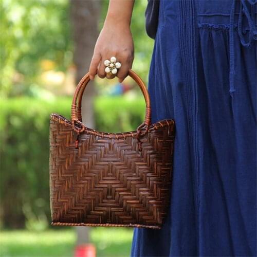 21x18CM Thai Bamboo Woven Bag Rattan Straw Bag Original Chinese Hand Made Old Straw Bag Woven Retro Bag a6101