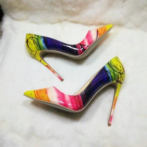 Free shipping fashion women Pumps lady multi color patent leather printed Pointy toe high heels shoes 12cm 10cm 8cm
