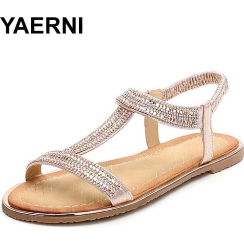 YAERNI 2019 Summer New Style Casual Women Shoes Bohemian Style Fish Mouth Rhinestone Crystal Beach Women SandalsE830