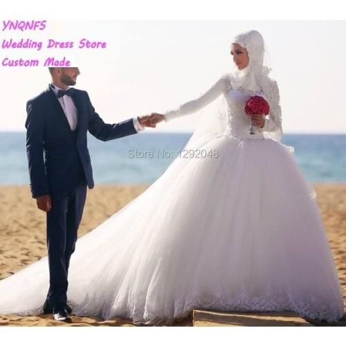 YNQNFS MW3 Robe Soiree Dubai Abendkleider Dubai Long Sleeve Muslim Wedding Gown Ball Gown Bridesmaid Dresses Arabic Turkey 2019