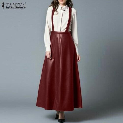 Womens Fashion Dungarees Skirts Female Elegant OL Holiday Solid Skirts Office Lady Zipper Long Skirt ZANZEA PU Leather Skirt 5XL