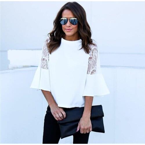 Casual Sexy Hollow Out Tee Shirts Summer Lace Stitching Women T-Shirt Fashion Butterfly Sleeve Embroidery Tops And Tees