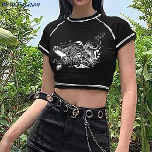 Women Streetwear Chinese Style Dragon Printed Black/Avocado Green O Neck Raglan Sleeves White Striped Crop Top Sexy T-shirt