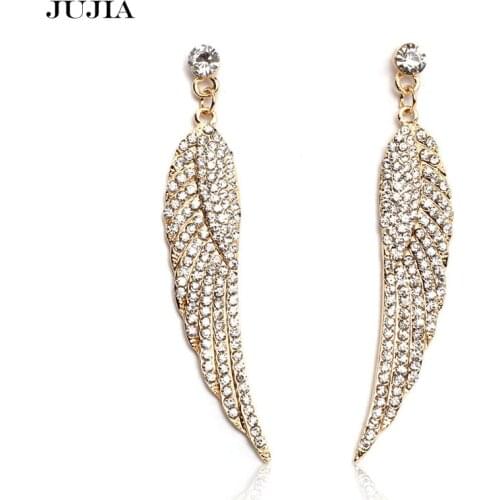 Women luxury crystal drop earrings feather design fashion earrings party gift JUJIA jewelry wholesale