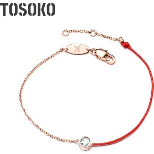 TOSOKO Stainless Steel Jewelry Lucky Red Rope Belt Drill Chain Fashion Bracelet For Women BSE026