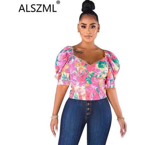 2020 summer hot popular fashion print lady tops sexy v-neck short tops high street fashion sexy slim female clothing