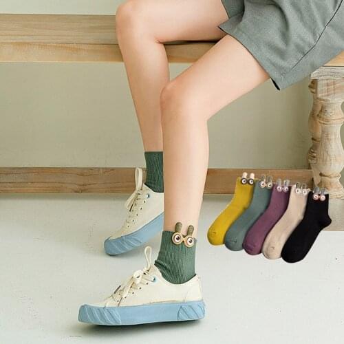 1 Pair New Women Cotton Long Socks Fashion Cute Cartoon Funny Casual Comfortable Socks Creative 3D Big Eyes Solid Color Socks