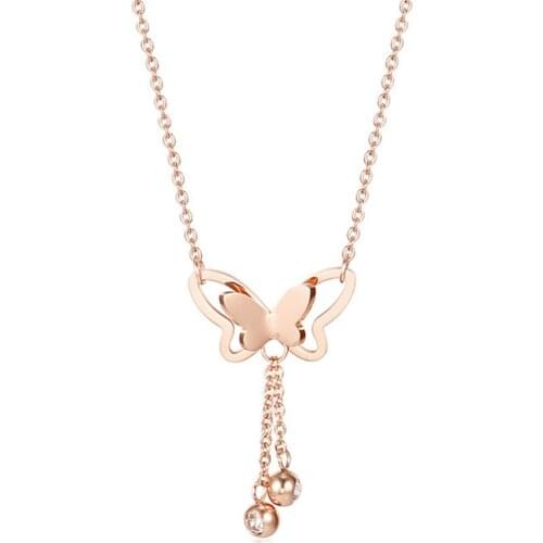 316L Stainless Steel Rose Gold Butterfly Necklace Short Round Bead Inlaid Crystal Tassel Pendant Simple Personality Jewelry