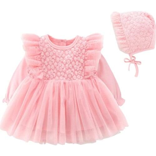 Red Ruffles 1st Birthday Dress for Baby Newborn Long Sleeve Tulle Floral Christening Party Gown+Hat Toddler Girl Baptism Dresses