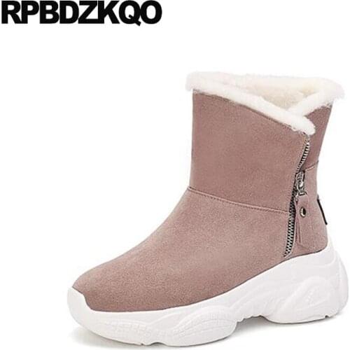 Booties Harajuku Platform Creepers Genuine Leather Pink Suede Round Toe Flatform Fur Muffin Winter Snow Boots Women Ankle Shoes