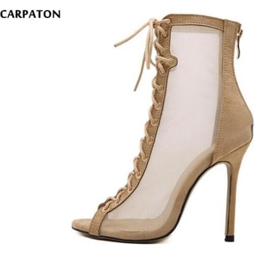Carpaton 2019 Newest Side Net yarn Zip model Sanding Leather Novelty Fish mouth Women Thin High heels for Fashion Ladies