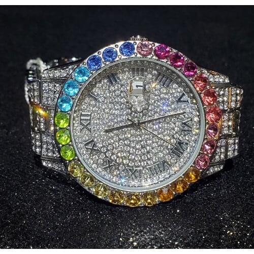 MISSFOX Rainbow Diamond Man Watches Luxury Date Quartz Wristwatch Men Stainless Steel Jewelry Relógio Masculino Hiphop Fashion