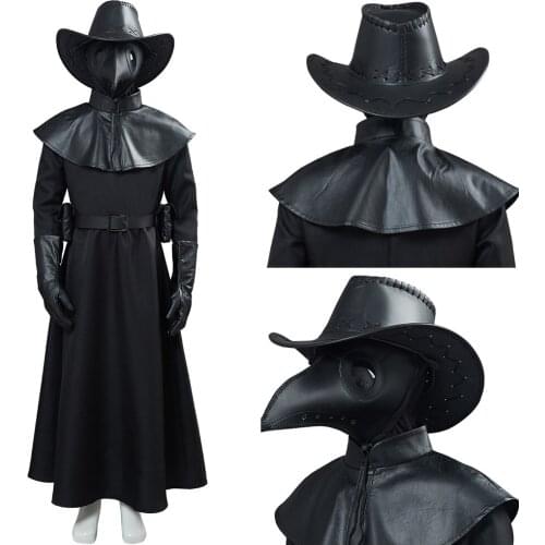 Kid Cosplay Plague Doctor Costume Hat Leather Black Gown Uniform Halloween Carnival Horror mask Fancy Dress Children autumn coat
