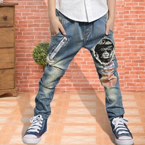 2019 Big Boys Jeans Cotton Fashion Teen-age High Quality boy pants Elastic Trousers Full Length Appliques Size 100-160