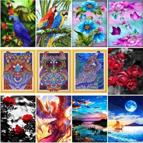 Diy Diamond Painting Color Blue Parrot Gorgeous Blue Purple Flowers Butterflies Owl Phoenix Red Rose Natural Landscape Poster