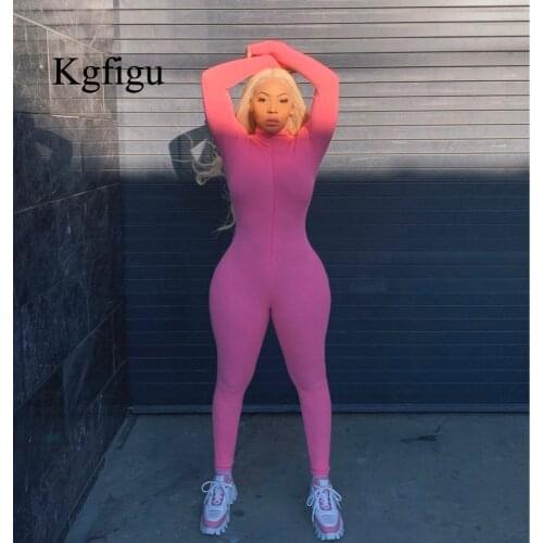 KGFIGU 2020 New Arrival Pink Ribbed Knitted Bodycon Jumpsuit Women Romper Long Sleeve Ladies Elegant Sexy Bodycon Female