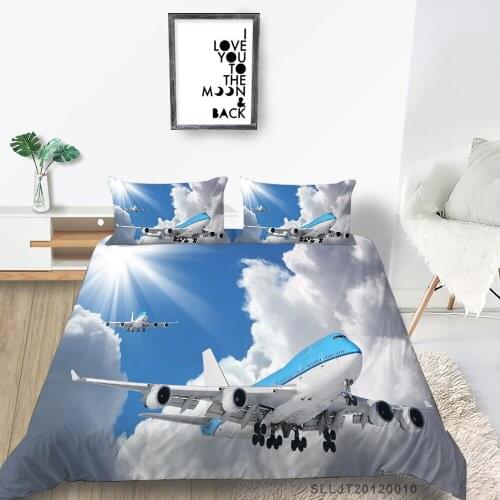 King Size Bed Set Aircraft Fashion 3D Duvet Cover Blue Sky Double Twin Full Single Queen Comfortable Bedding Set Clouds