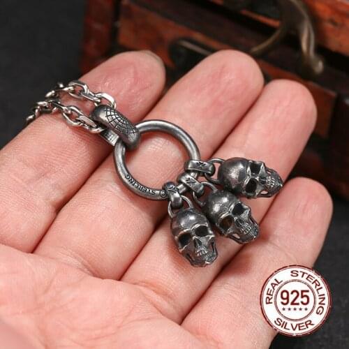 Male Necklace Black Skull Pendant Real 925 Sterling Silver Punk Rock Vintage Necklace Pendant for Women Men Jewelry 2020 New