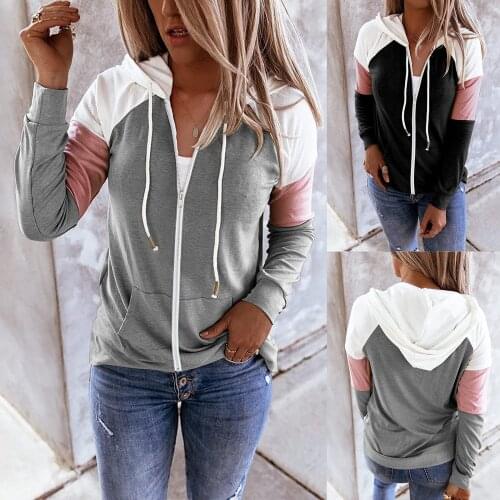 Womens Sports Casual Jacket Spring And Autumn Long-sleeved Round Neck Zipper Hooded Jacket Solid Color Sweatshirt Coat