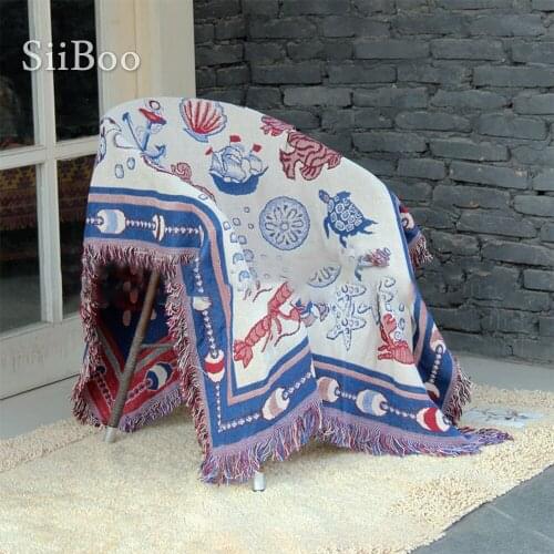 Rich ocean world style soft cotton thread knitted multi-function blanket with tassel decor for sofa bed cubrecama SP6183