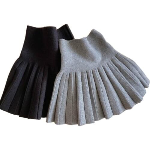 2020 New Winter Kids Girls Solid Color Pleated Knitting Skirts Children Girl Fashion Fall Casual Skirt Black Grey